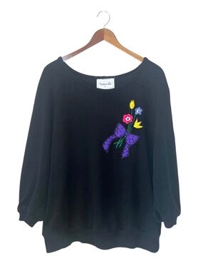 Vintage Women's 80s Addition-Elle Floral Bow Embroidered Knit 3/4 Sleeve Sweater
